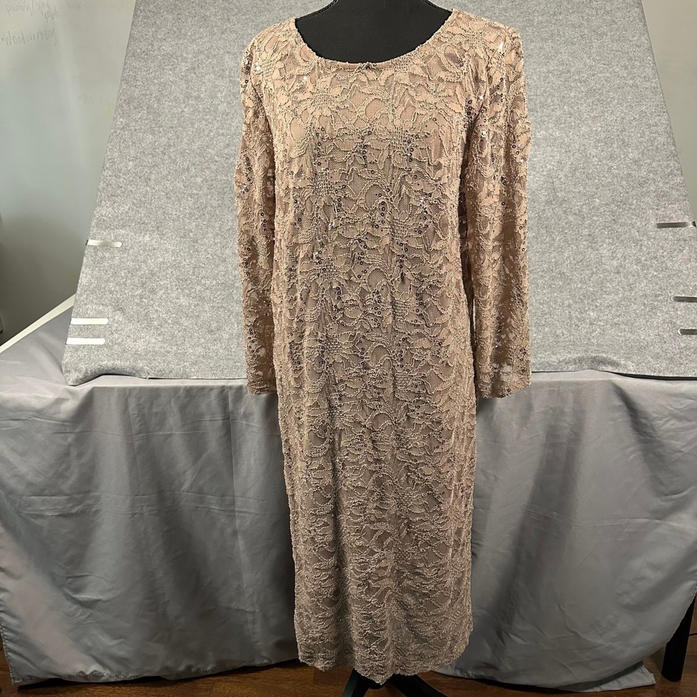 Marina Sheath Dress Womens 16W Taupe Sequin Lace 3/4 Sleeve